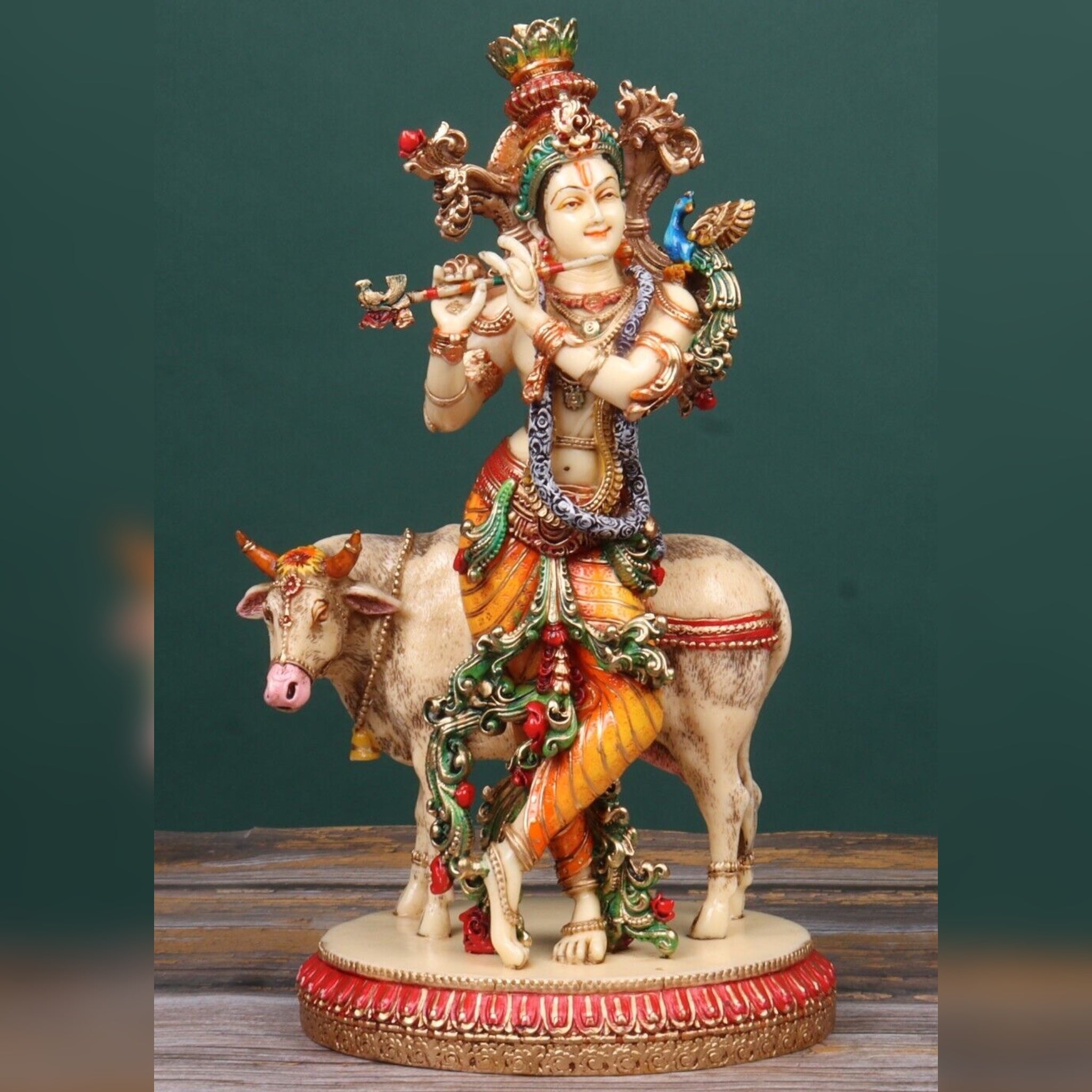 Krishna Statue with Cow, Hand Painted Cow Krishna Statue Playing Flute,  Colorful Krishna, 1 Feet