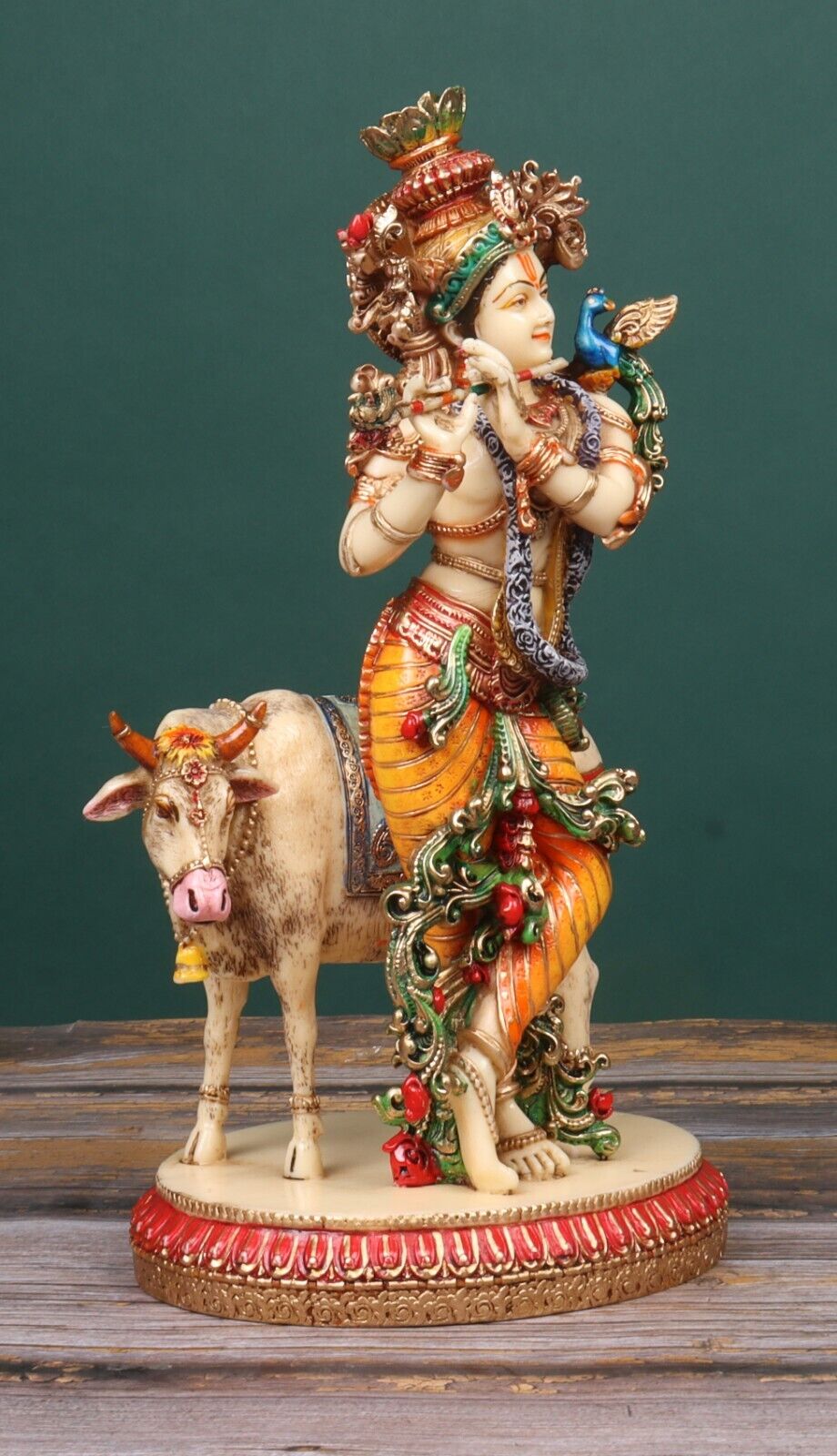 Krishna Statue with Cow, Hand Painted Cow Krishna Statue Playing Flute,  Colorful Krishna, 1 Feet