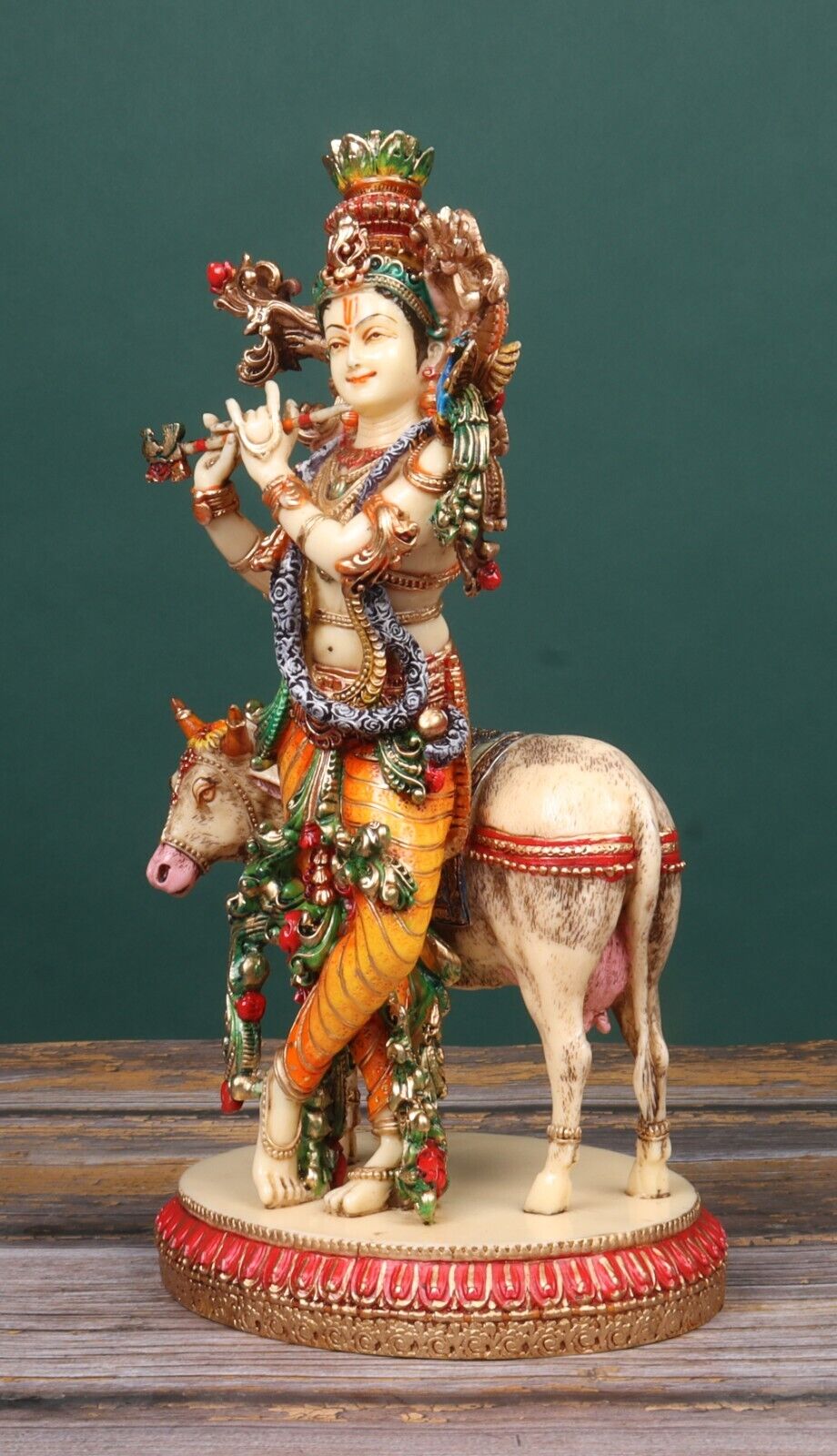 Krishna Statue with Cow, Hand Painted Cow Krishna Statue Playing Flute,  Colorful Krishna, 1 Feet