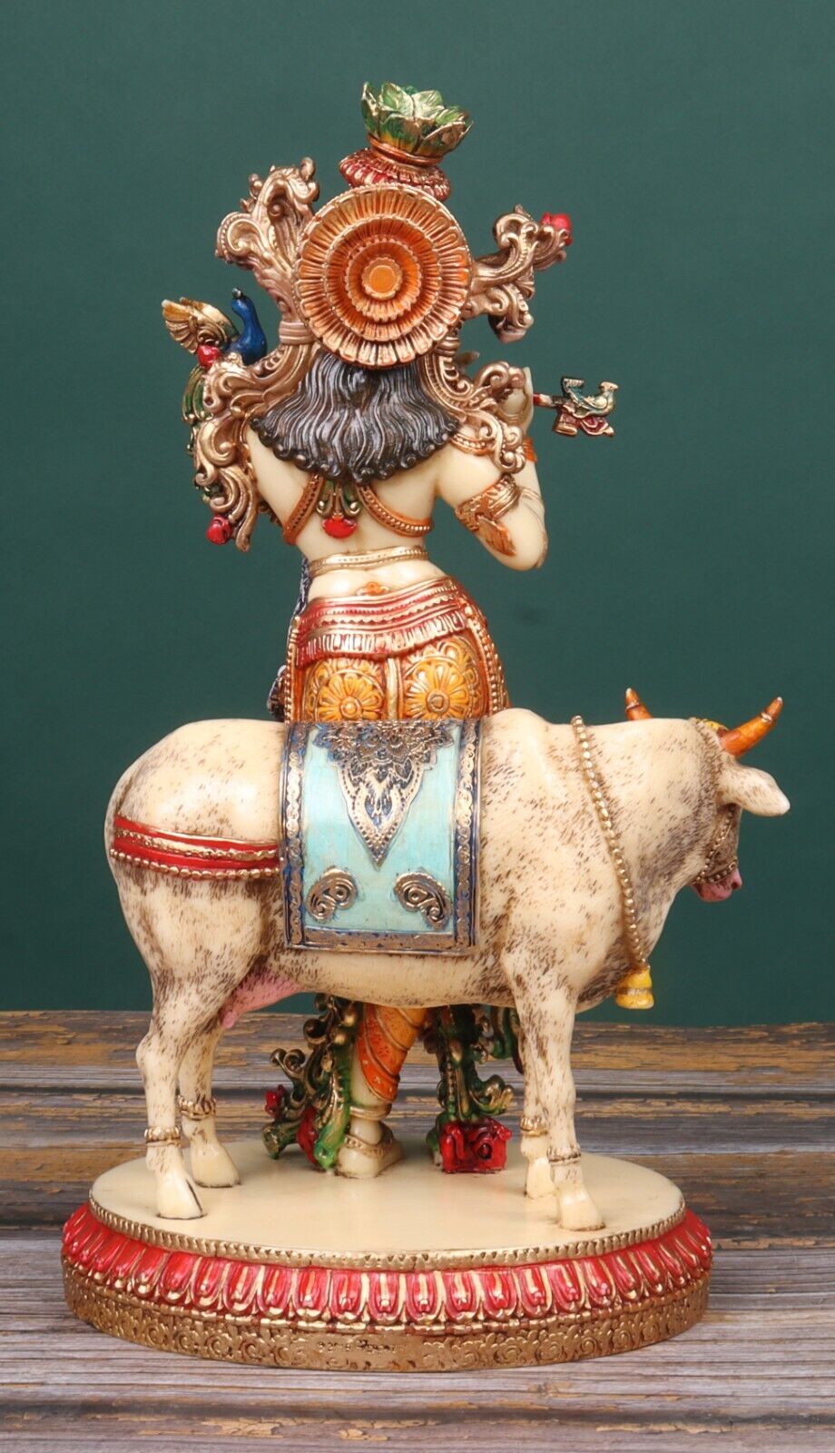 Krishna Statue with Cow, Hand Painted Cow Krishna Statue Playing Flute,  Colorful Krishna, 1 Feet