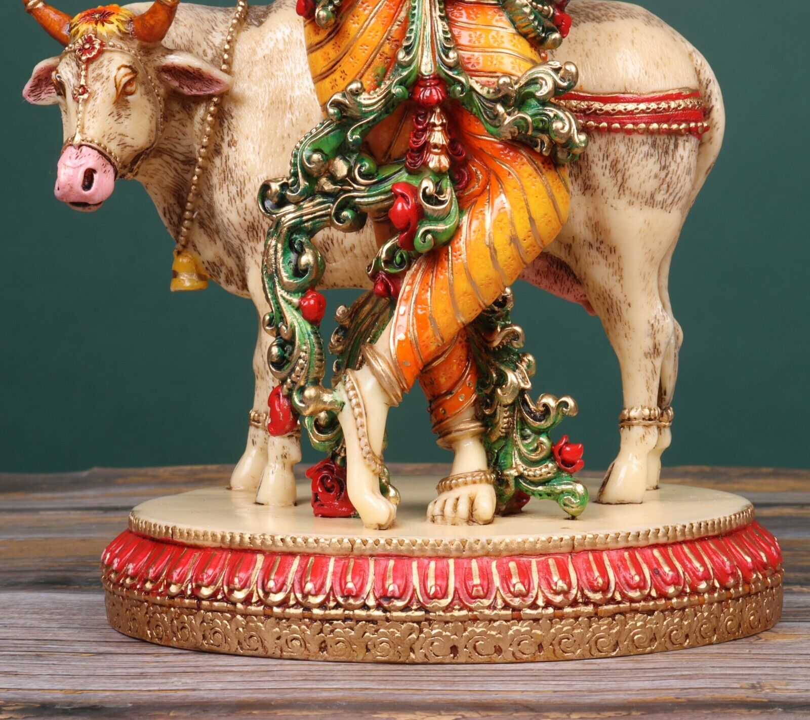 Krishna Statue with Cow, Hand Painted Cow Krishna Statue Playing Flute,  Colorful Krishna, 1 Feet